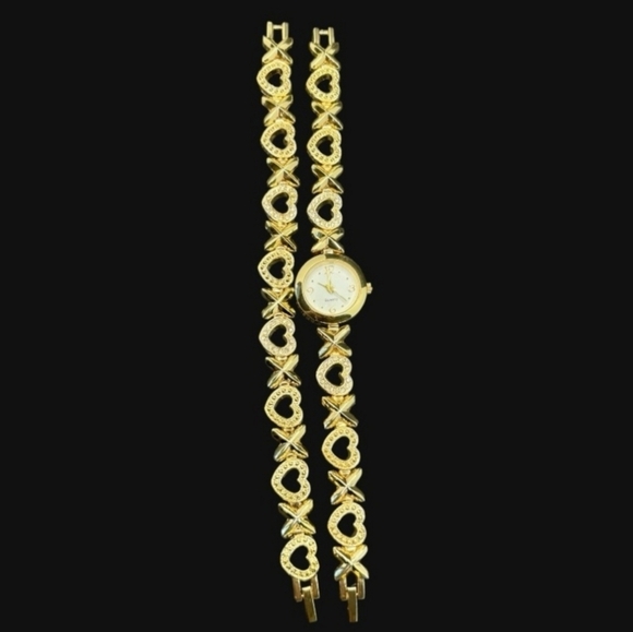 Gold Tone Rhinestone Heart & X Design Linked Watch & Bracelet Sets New Battery! - Picture 8 of 12